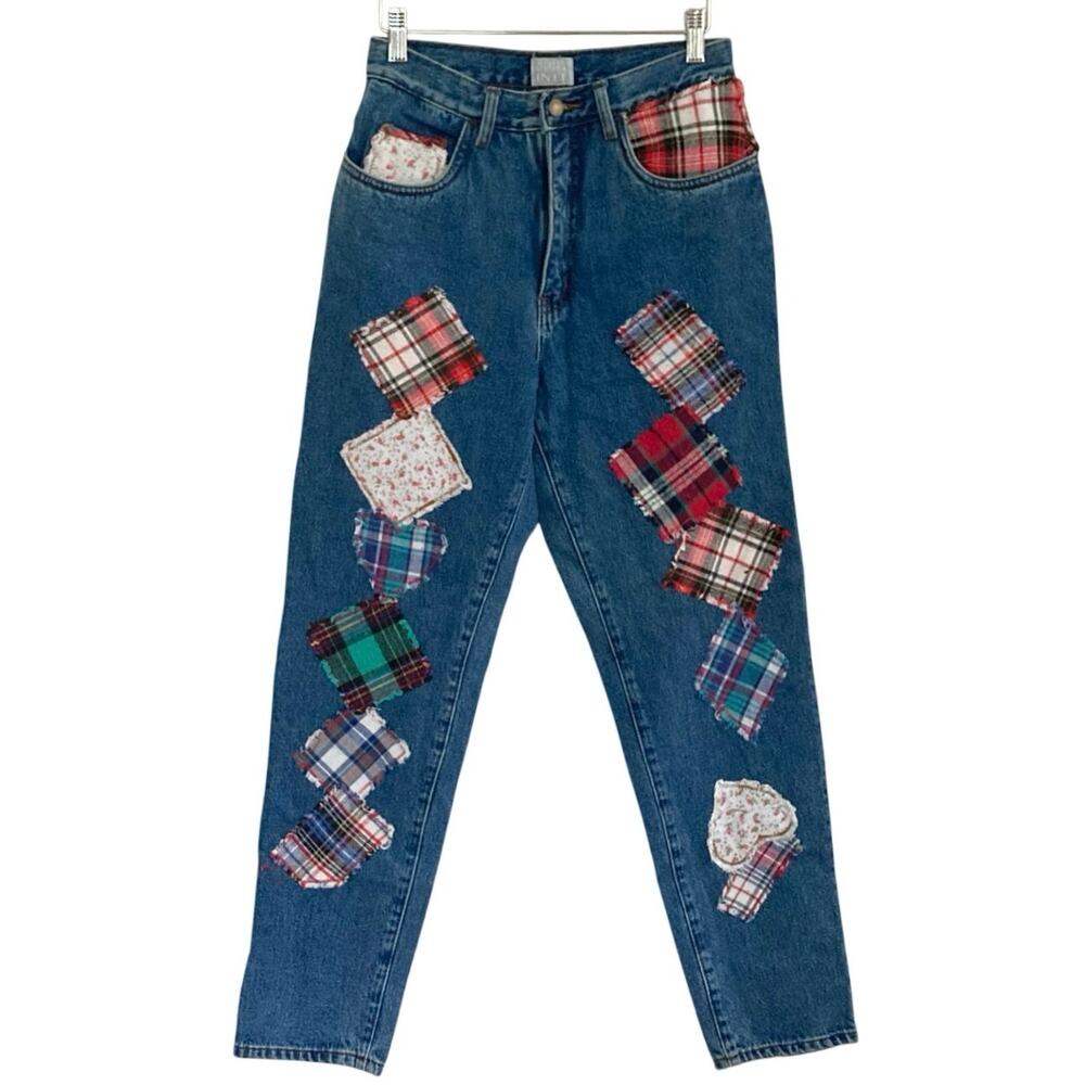 90s Moda Intl Medium Blue Patchwork High Rise Mom… - image 1